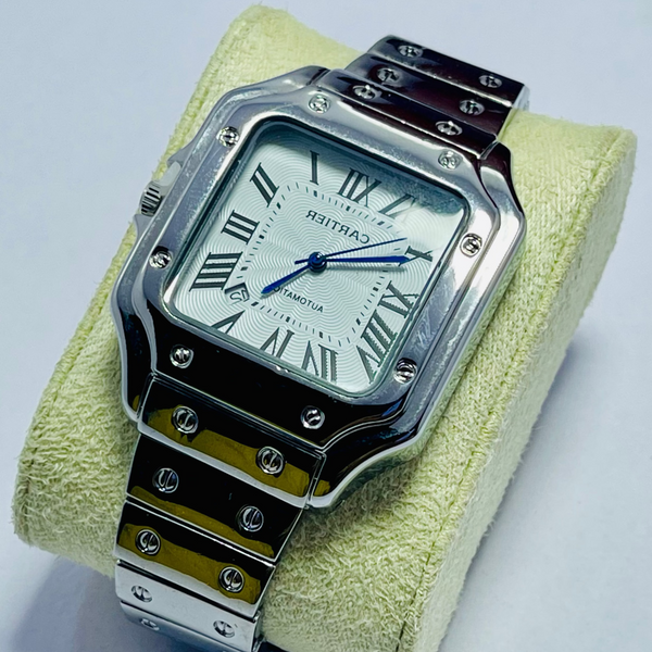 Cartier Santos-Inspired Automatic Watch for Men – Roman Dial, Square Stainless Steel Case, Polished Bracelet with Screw Detailing – Classic Luxury Desig