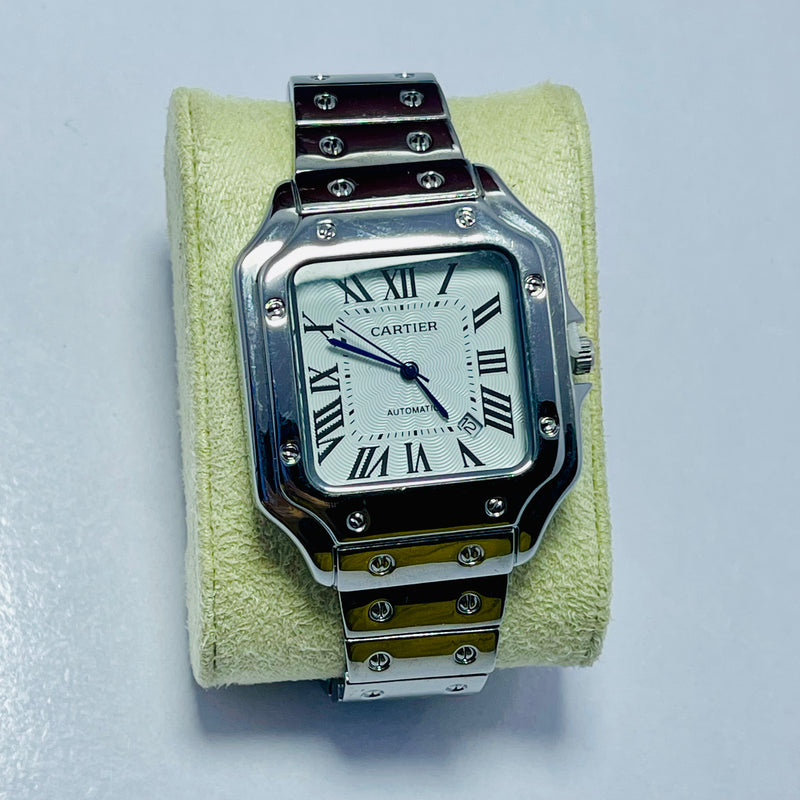 Cartier Santos-Inspired Automatic Watch for Men – Roman Dial, Square Stainless Steel Case, Polished Bracelet with Screw Detailing – Classic Luxury Desig