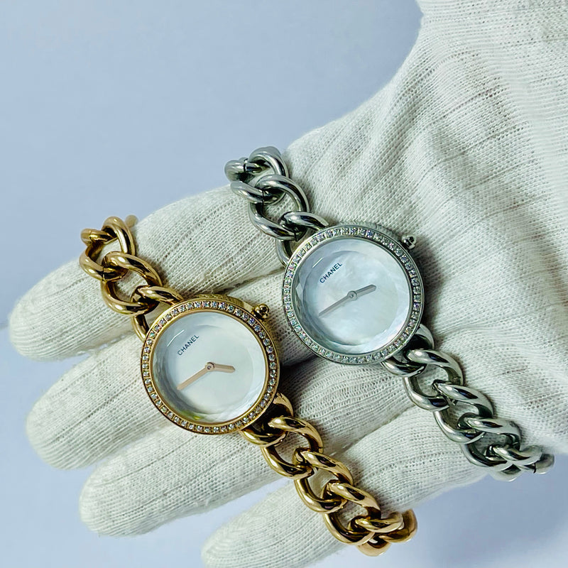 Chanel-QUARTZ JAPAN MOVEMENT  Women’s Luxury  Bracelet Watch – FIXED STONE  Dial with Rhinestone Bezel, Gold & Silver Chain Strap – Elegant Fashion Timepiece