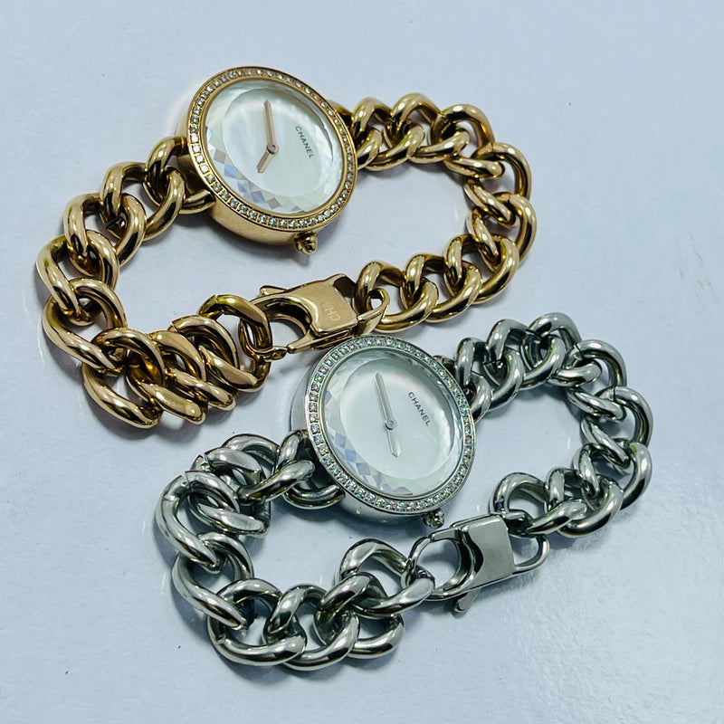 Chanel-QUARTZ JAPAN MOVEMENT  Women’s Luxury  Bracelet Watch – FIXED STONE  Dial with Rhinestone Bezel, Gold & Silver Chain Strap – Elegant Fashion Timepiece