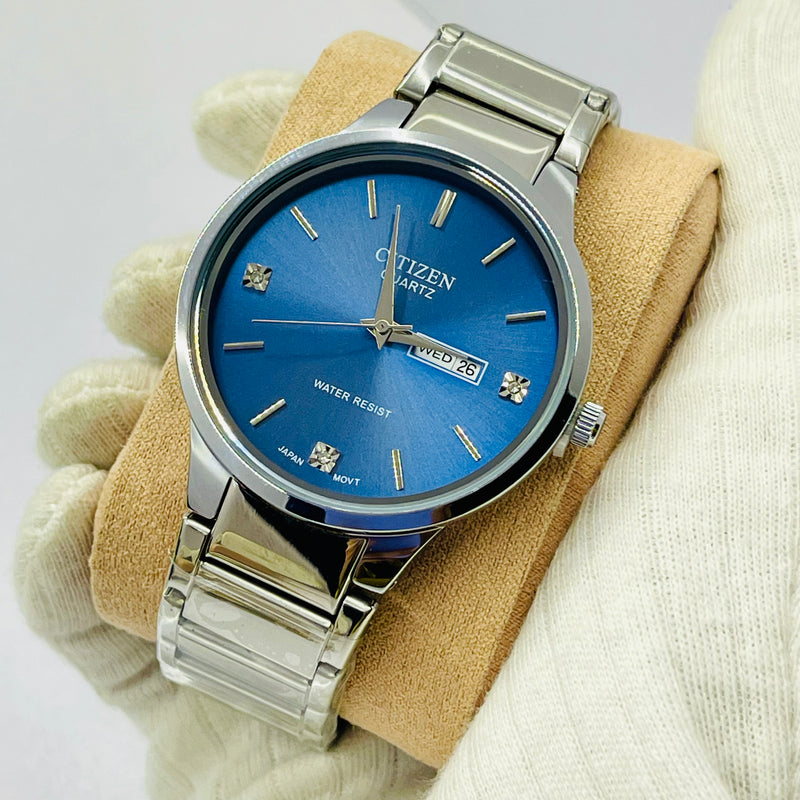 Citizen Quartz Men’s Watch – Blue Sunray Dial with Day & Date Display, Diamond Hour Markers, Stainless Steel Bracelet – Japanese Movement, Water Resistant