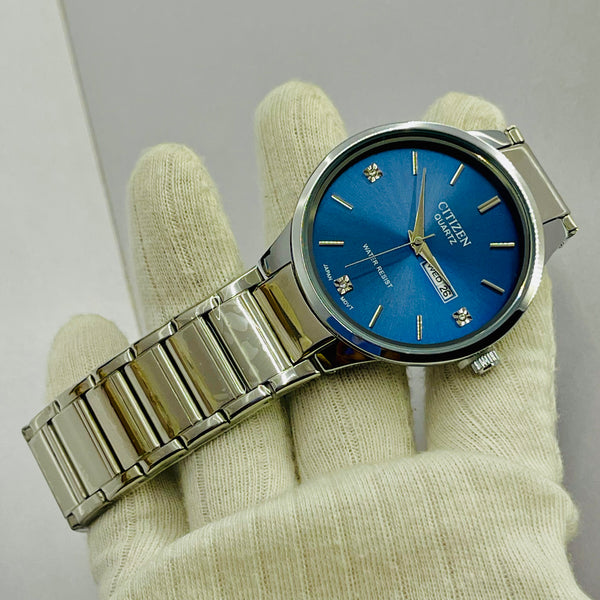 Citizen Quartz Men’s Watch – Blue Sunray Dial with Day & Date Display, Diamond Hour Markers, Stainless Steel Bracelet – Japanese Movement, Water Resistant