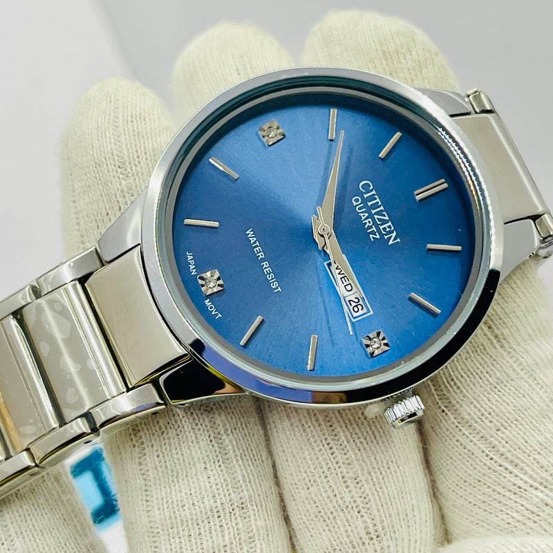 Citizen Quartz Men’s Watch – Blue Sunray Dial with Day & Date Display, Diamond Hour Markers, Stainless Steel Bracelet – Japanese Movement, Water Resistant