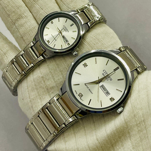 Citizen Silver Couple Watch Set – Elegant Analog Watches for Men & Women