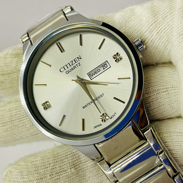 Citizen Quartz Men’s Watch – Silver Dial with Day & Date Display, Diamond Hour Markers, Stainless Steel Bracelet – Water Resistant, Japanese Movement