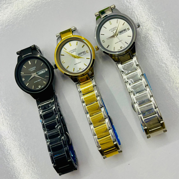 Citizen Women’s Analog Wrist Watch – Elegant Day & Date Display with Stainless Steel Strap – Available in Black, Gold-Silver, and Silver – Japanese Quartz Movement