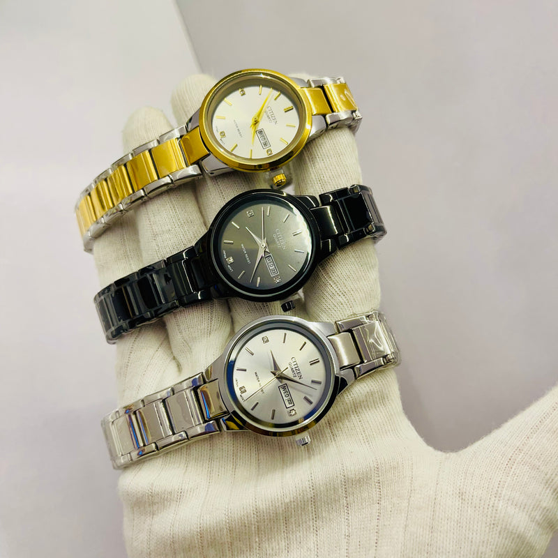 Citizen Women’s Analog Wrist Watch – Elegant Day & Date Display with Stainless Steel Strap – Available in Black, Gold-Silver, and Silver – Japanese Quartz Movement