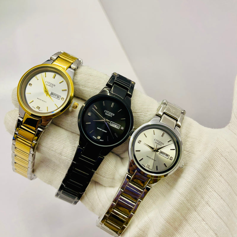 Citizen Women’s Analog Wrist Watch – Elegant Day & Date Display with Stainless Steel Strap – Available in Black, Gold-Silver, and Silver – Japanese Quartz Movement