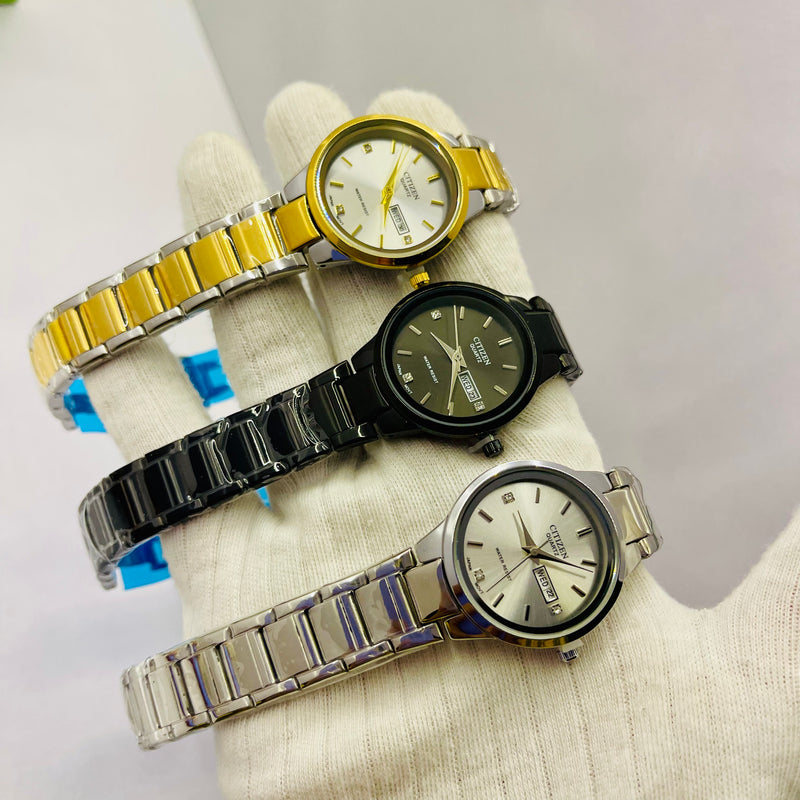 Citizen Women’s Analog Wrist Watch – Elegant Day & Date Display with Stainless Steel Strap – Available in Black, Gold-Silver, and Silver – Japanese Quartz Movement
