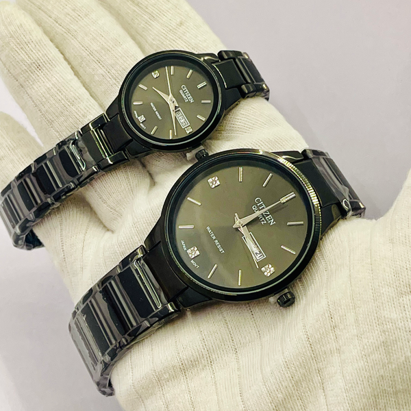 Citizen Quartz Couple Watch Set – Black Stainless Steel Analog Watches for Men & Women