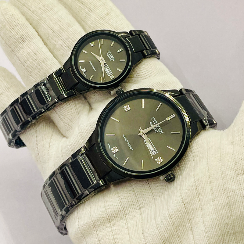 Citizen Quartz Couple Watch Set – Black Stainless Steel Analog Watches for Men & Women