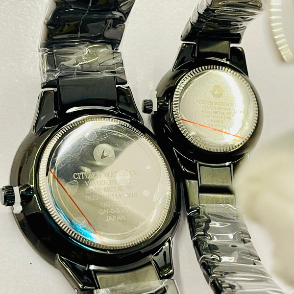 Citizen Quartz Couple Watch Set – Black Stainless Steel Analog Watches for Men & Women