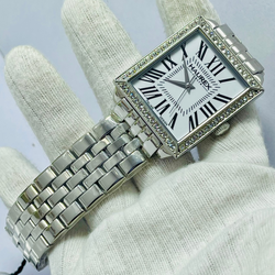 HAUREX Italy Rectangular Silver Watch for UNISEX  – White Roman Dial, Crystal Bezel & Stainless Steel Bracelet – Italian Luxury Design