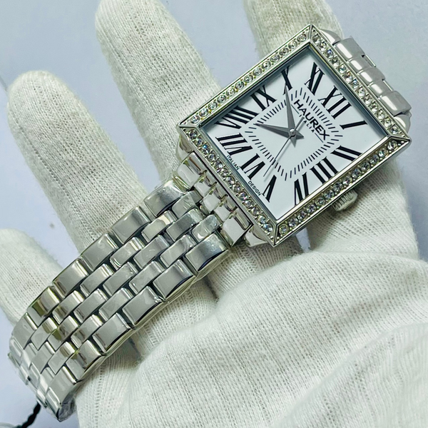 HAUREX Italy Rectangular Silver Watch for UNISEX  – White Roman Dial, Crystal Bezel & Stainless Steel Bracelet – Italian Luxury Design