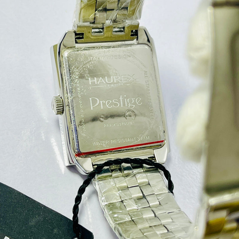 HAUREX Italy Rectangular Silver Watch for UNISEX  – White Roman Dial, Crystal Bezel & Stainless Steel Bracelet – Italian Luxury Design