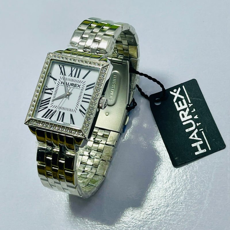 HAUREX Italy Rectangular Silver Watch for UNISEX  – White Roman Dial, Crystal Bezel & Stainless Steel Bracelet – Italian Luxury Design