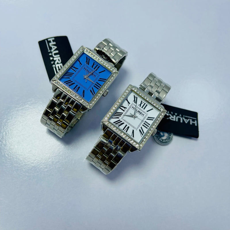 HAUREX Italy Rectangular Silver Watch for UNISEX  – Blue Roman Dial, Crystal Bezel & Stainless Steel Bracelet – Italian Luxury Design