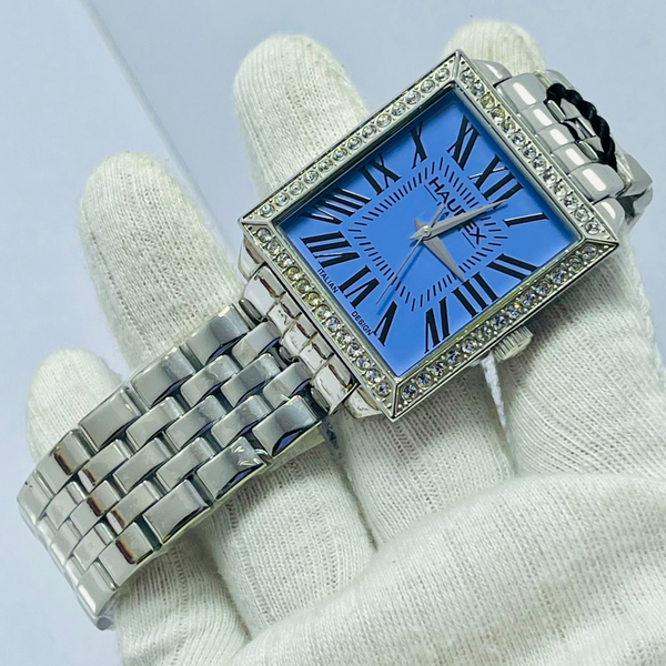 HAUREX Italy Rectangular Silver Watch for UNISEX  – Blue Roman Dial, Crystal Bezel & Stainless Steel Bracelet – Italian Luxury Design