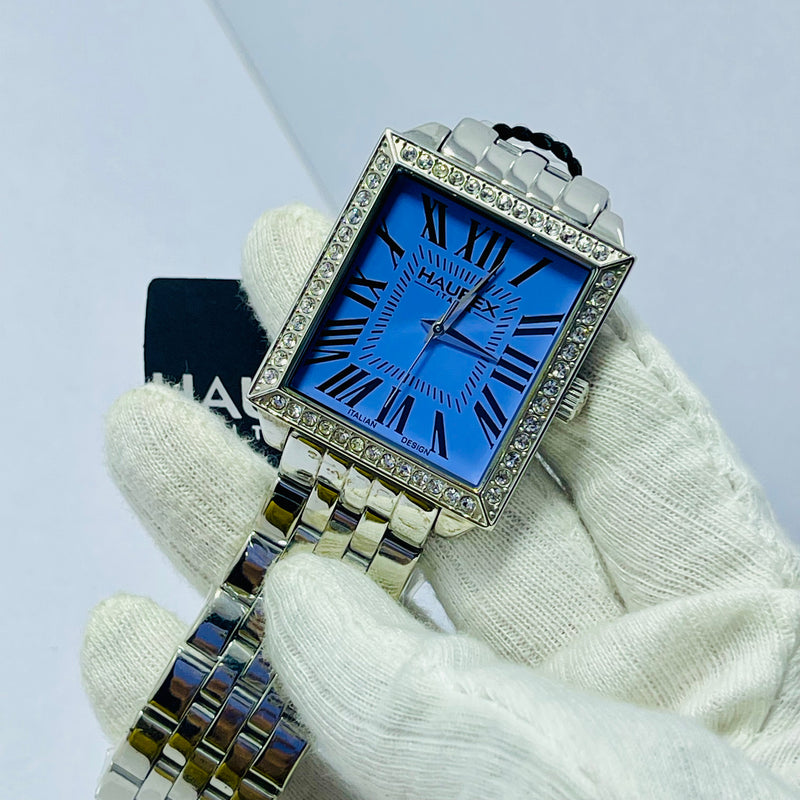 HAUREX Italy Rectangular Silver Watch for UNISEX  – Blue Roman Dial, Crystal Bezel & Stainless Steel Bracelet – Italian Luxury Design