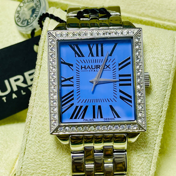 HAUREX Italy Rectangular Silver Watch for UNISEX  – Blue Roman Dial, Crystal Bezel & Stainless Steel Bracelet – Italian Luxury Design