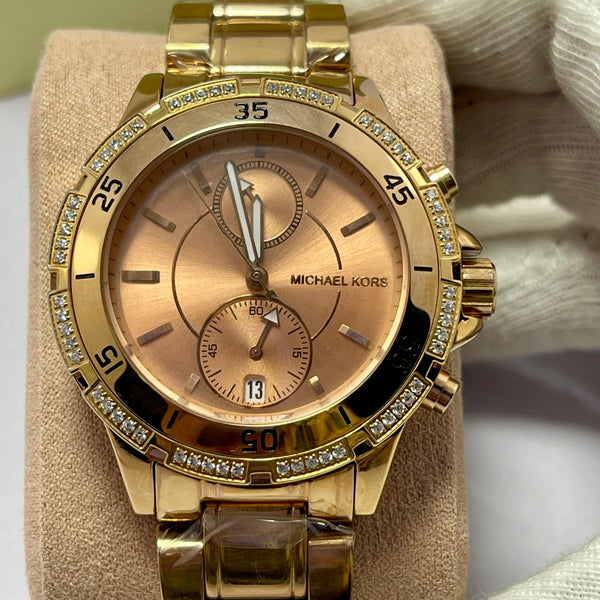 Michael Kors Women’s Chronograph Gold Watches – Brown & Rose Gold Dial | Crystal Bezel | Luxury Designer Dual Pack