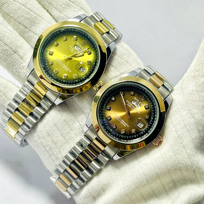 Luxury Rolex Day-Date Gold Dial Men’s Watch – Two-Tone Stainless Steel & Gold Bracelet | Diamond Hour Markers