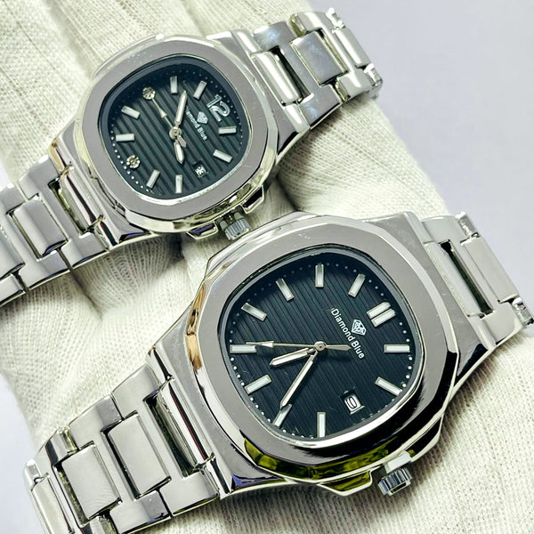 Limited Edition BLACK Dial Couple Watch – Silver Bracelet _Mineral Glass _Superlative Finish