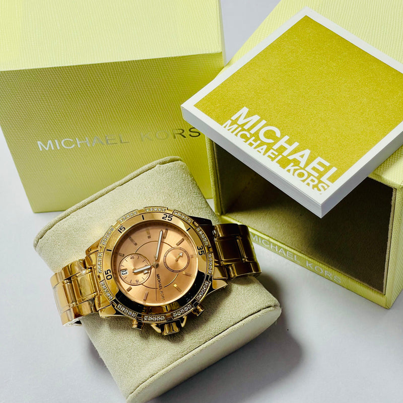 Michael Kors Women’s Chronograph Gold Watches – Brown & Rose Gold Dial | Crystal Bezel | Luxury Designer Dual Pack