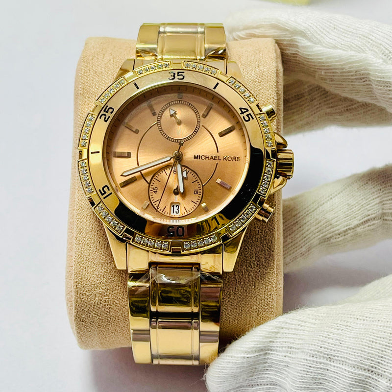 Michael Kors Women’s Chronograph Gold Watches – Brown & Rose Gold Dial | Crystal Bezel | Luxury Designer Dual Pack